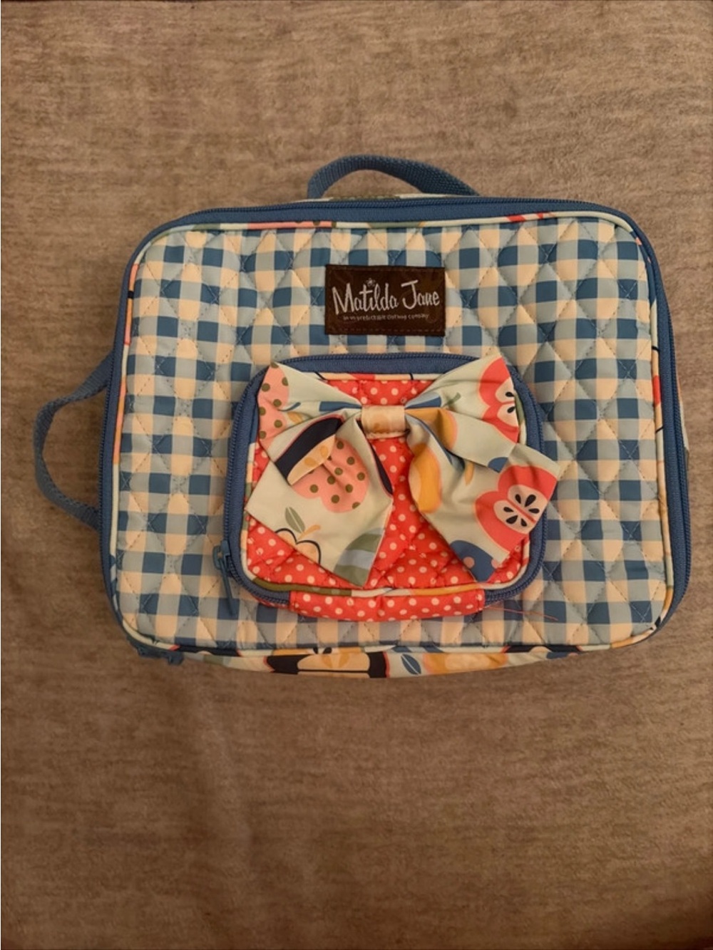 Matilda Jane Light Blue Gingham Kids Lunch Tote with Fruit Bow Accent
